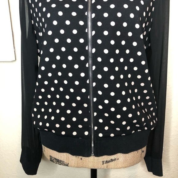 BCBG MaxAzria Discontinued Black, White Polka Dot Bomber with Sheer Sleeves Sz L - Picture 3 of 9